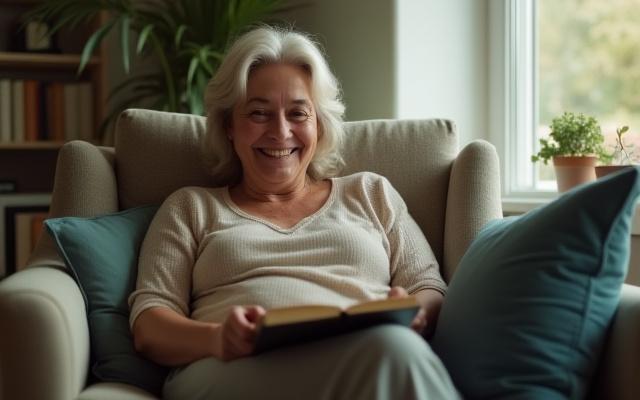 A person in a comfortable setting, smiling while looking away from a phone and engaging with a book, representing digital detox and mental clarity.