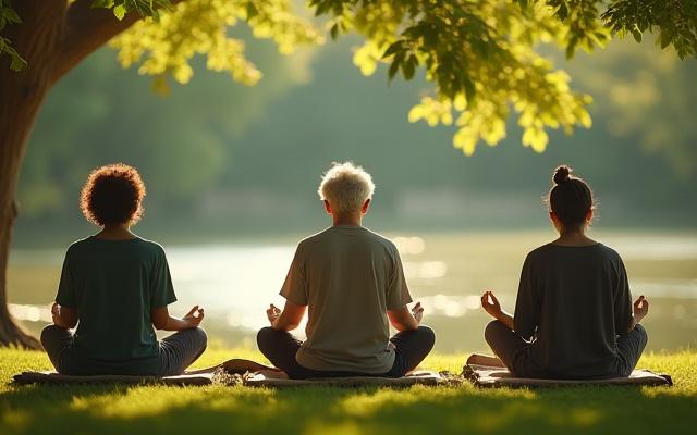 A diverse group of adults of varying ages, including someone in their 50s, participating in a group meditation session outdoors, finding inner peace.