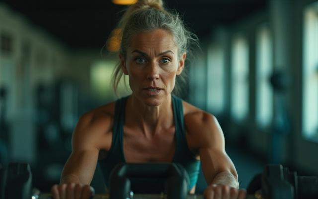 A fit woman in her late 40s lifting weights in a brightly lit gym, focused and strong, demonstrating active aging.