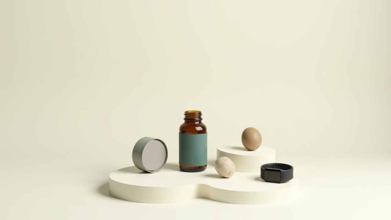 A flat lay of various wellness products including a supplement bottle, a sleep tracker, and a fitness band, all neatly arranged on a clean, light surface.
